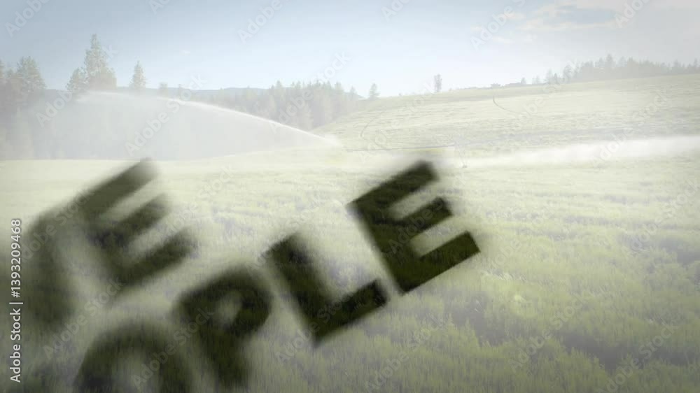 Poster animation of solving problems over lush green field with irrigation system operating