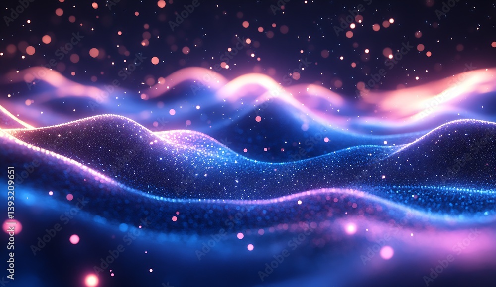 Poster hypnotic waves of light and color dance across a cosmic landscape filled with shimmering particles :