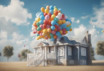 bundle balloons sky 3d white large clouds lifted blue rendering house air finance residence housing cloud three-dimensional up high background render vibrant residential balloon bunch home building