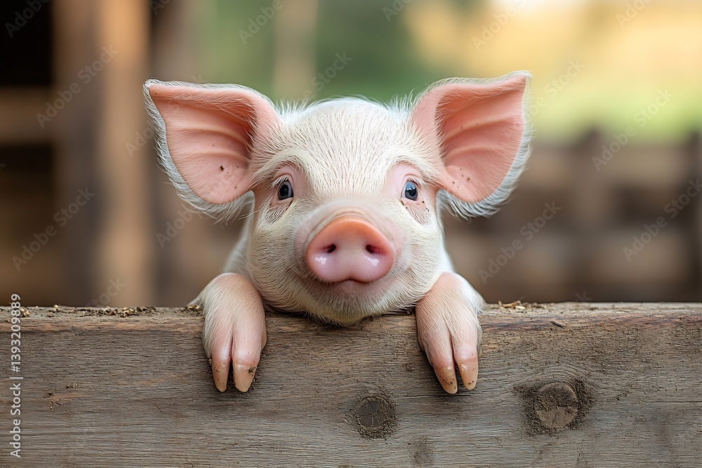 Aufkleber cute piglet peeking over wooden fence with soft focus and adorable expression perfect for farm and p