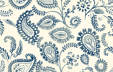 Abstract Paisley Traditional Scribble Style Hand Drawn Ikat Seamless Vector Pattern Trendy Fashion Colors Perfect for Allover Fabric Print or Wall Paper Damask Ethnic Concept Bright Orange White Tones