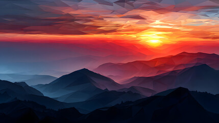 Fototapeta premium Sunset horizon bursting with warm colors over quiet mountains.