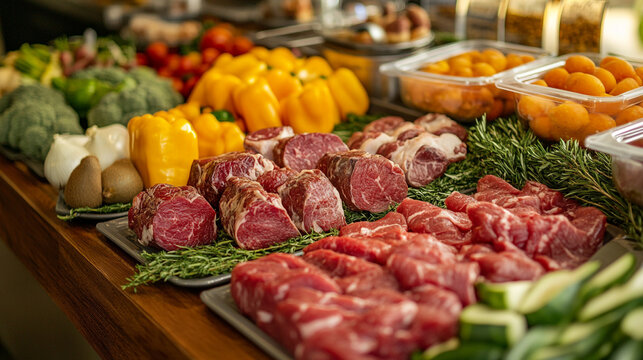 A vibrant display of fresh produce and raw meat featuring various vegetables and cuts of beef on trays