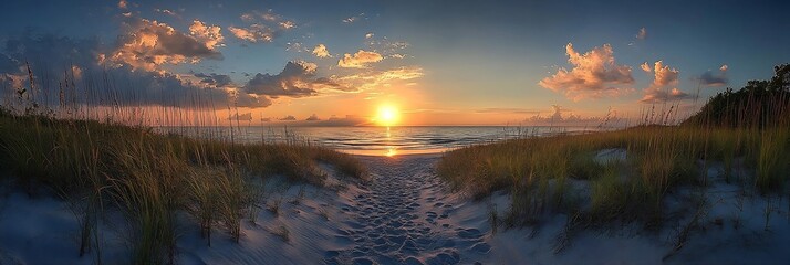 Fototapeta premium Gorgeous Beach Sunset Panorama Gulf Coast Scenic View Ocean Waves Sand Dunes Serene Landscape Vacation Destination : Generative AI