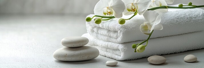 Spa Still Life with White Towels Orchid Flowers and Smooth Stones Perfect for Wellness and Relaxation Concepts : Generative AI