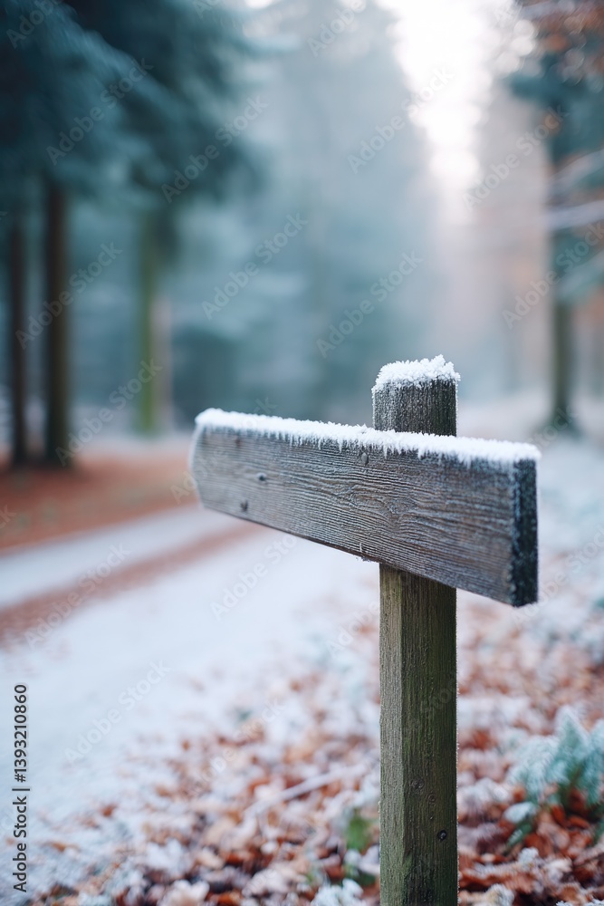Poster rustic wooden sign coated in frost stands against blurred forest background creating serene and spac