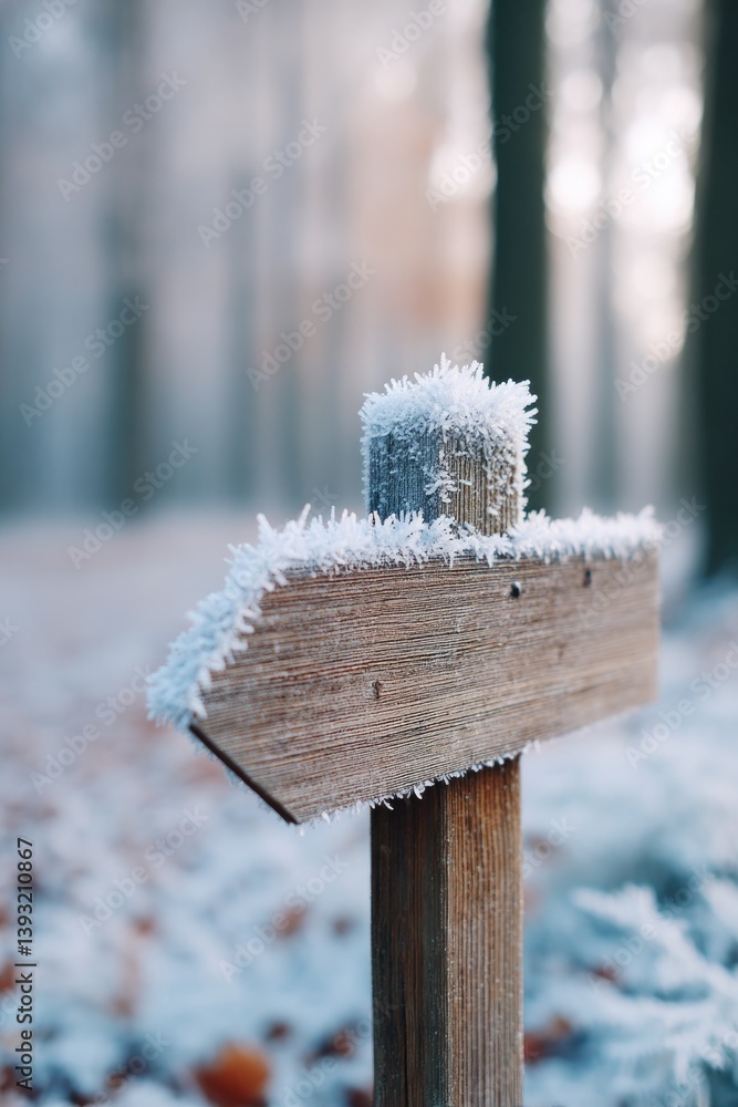 Poster rustic wooden sign coated in frost stands against blurred forest background creating serene and spac