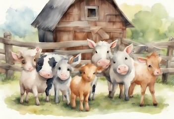 card watercolor greeting farm drawn cartoon isolated birthday hand design holiday set cute animals rabbit illustration smile children tabby funny icon happy cheerful bird rooster duck art domestic