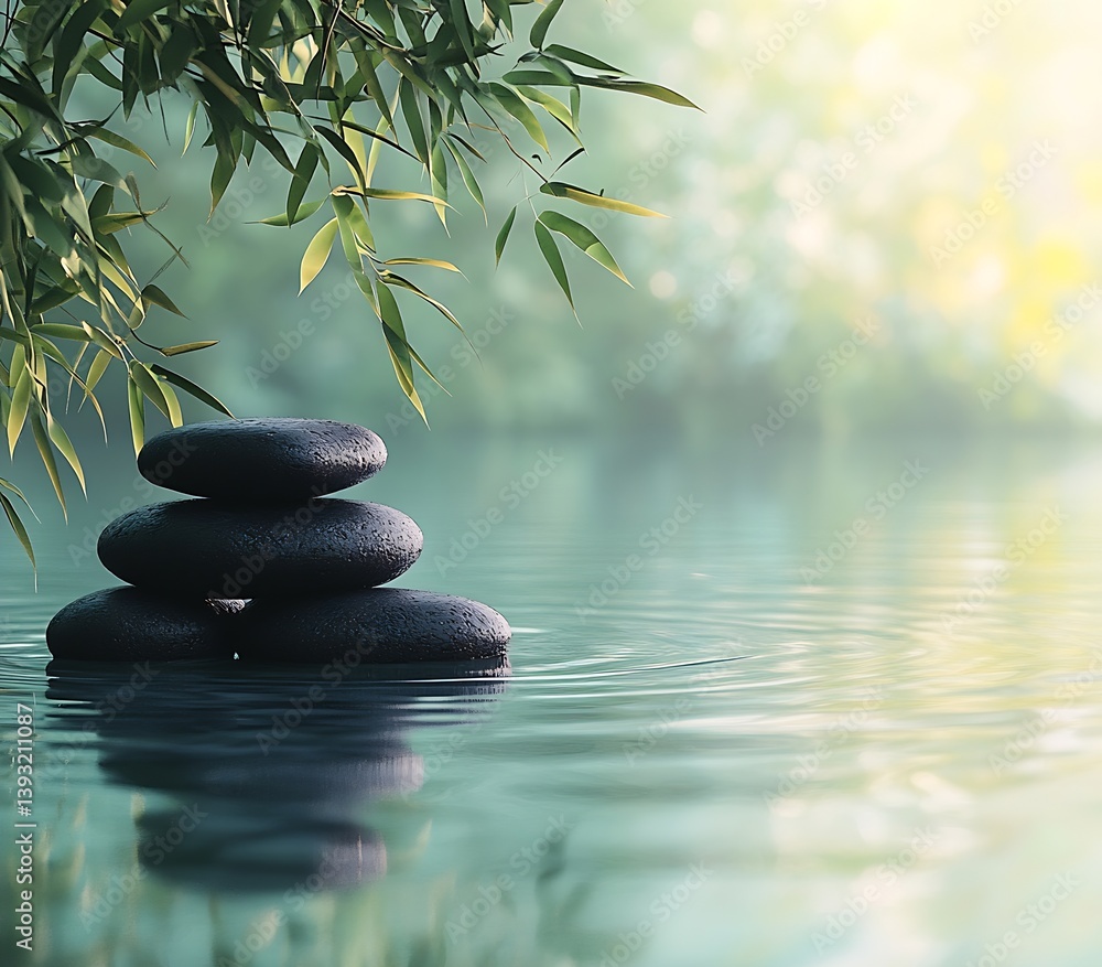 Poster tranquil zen garden scene with stacked stones by calm lake and bamboo leaves reflection for serenity