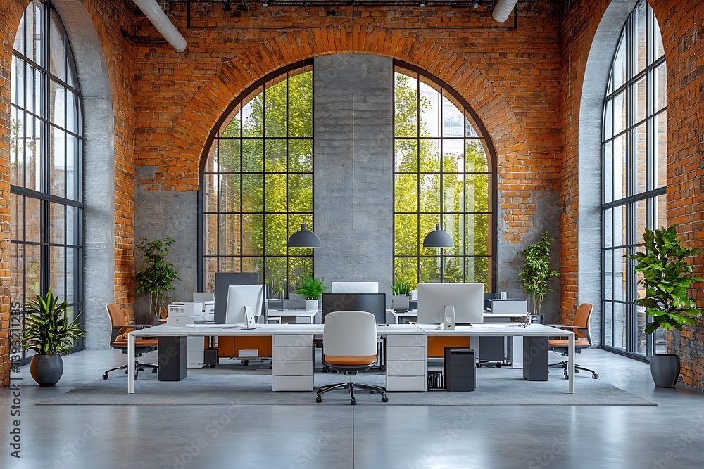 Leinwandbilder modern open office interior with brick walls large arched windows and workstations emphasizing a cre