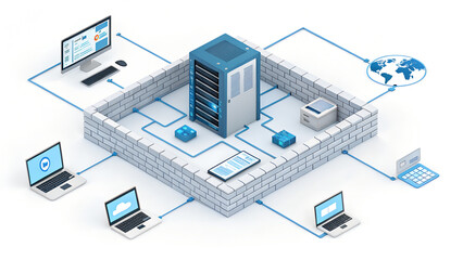 Data center network infrastructure with central server connected to multiple computers and firewall protection
