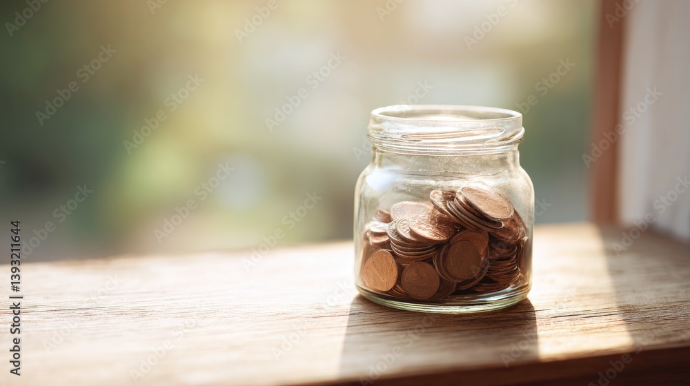 Poster serene image of jar filled with coins symbolizing savings for future pensions placed on wooden table