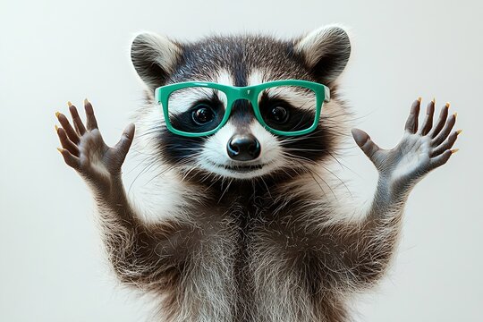 Cute Raccoon Wearing Green Glasses Raising Paws Funny Animal Portrait Playful Wildlife Wildlife Photography Animal Behavior : Generative AI