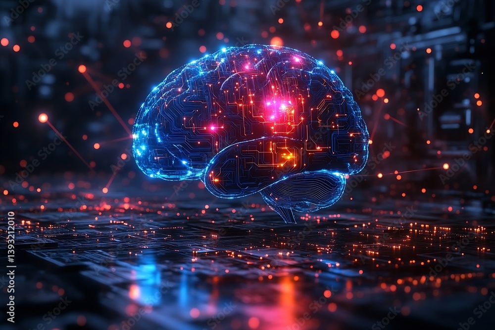 Leinwandbilder AI Brain Illustration. Conceptual Futuristic AI Brain with Glowing Neural Network.  Digital Circuitry and Artificial Intelligence Concept Innovation : Generative AI