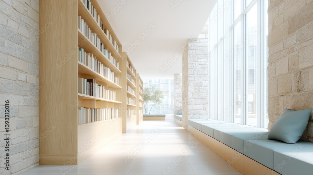 Poster serene library interior with rows of neatly organized bookshelves and cozy seating soft ambient ligh