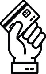 Black and White Vector PNG Illustration of a Hand Holding a Credit Card Featuring a Chip and Magnetic Stripe, Representing Modern Digital Payments.