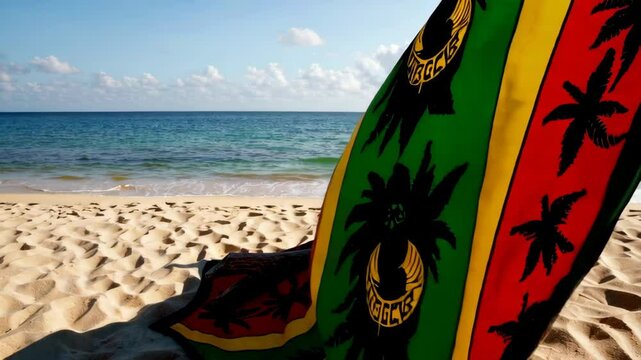 Rastafarian flag waving on tropical beach