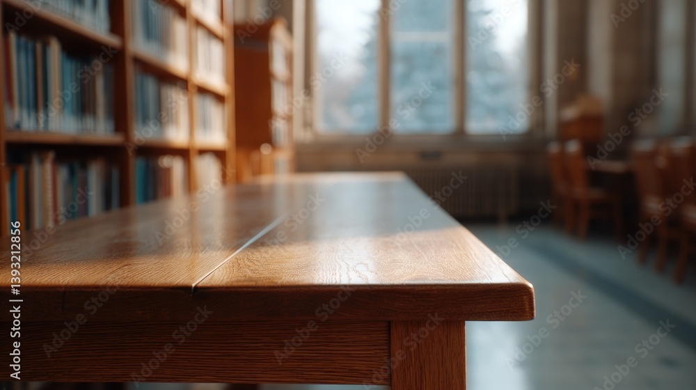 Poster serene sun-drenched library with rows of bookshelves and single open window casting soft light on po