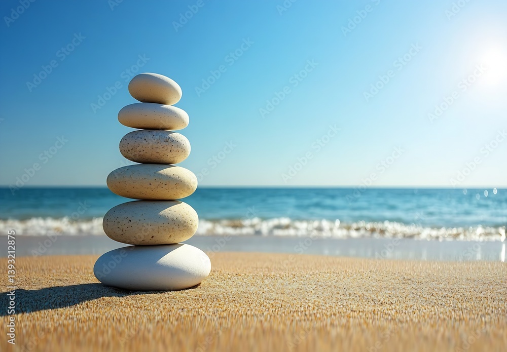 Poster Stately Tower of White and Beige Stones on Sunny Beach with Sparking Waves and Bright Sky : Generative AI