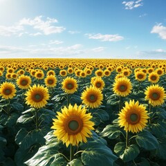 Fototapeta premium image of a vast sunflower field under a bright clear noon sky isolated on a plain background 