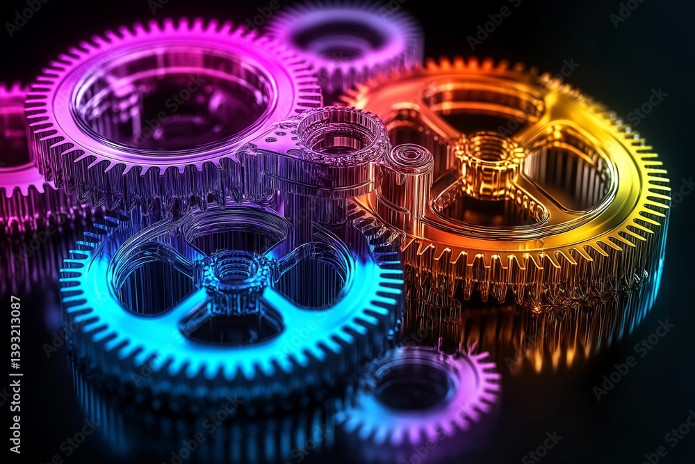 Aufkleber complex interlocked colorful transparent gears with neon glow and modern mechanical design in futuri