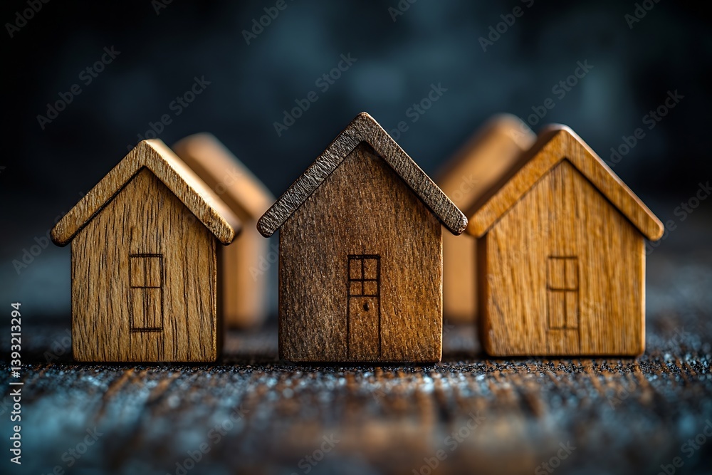 Poster miniature wooden house models on wood table with moody lighting home and investment concepts : gener