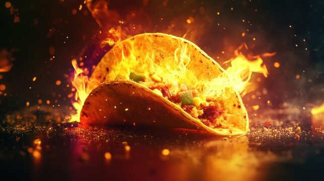 Ultra-realistic taco on fire with vivid flames. Sleek 8K graphic art, vibrant and modern.