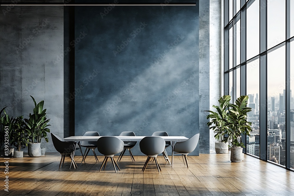 Poster modern conference room with large window city view minimalist design for business meetings and colla