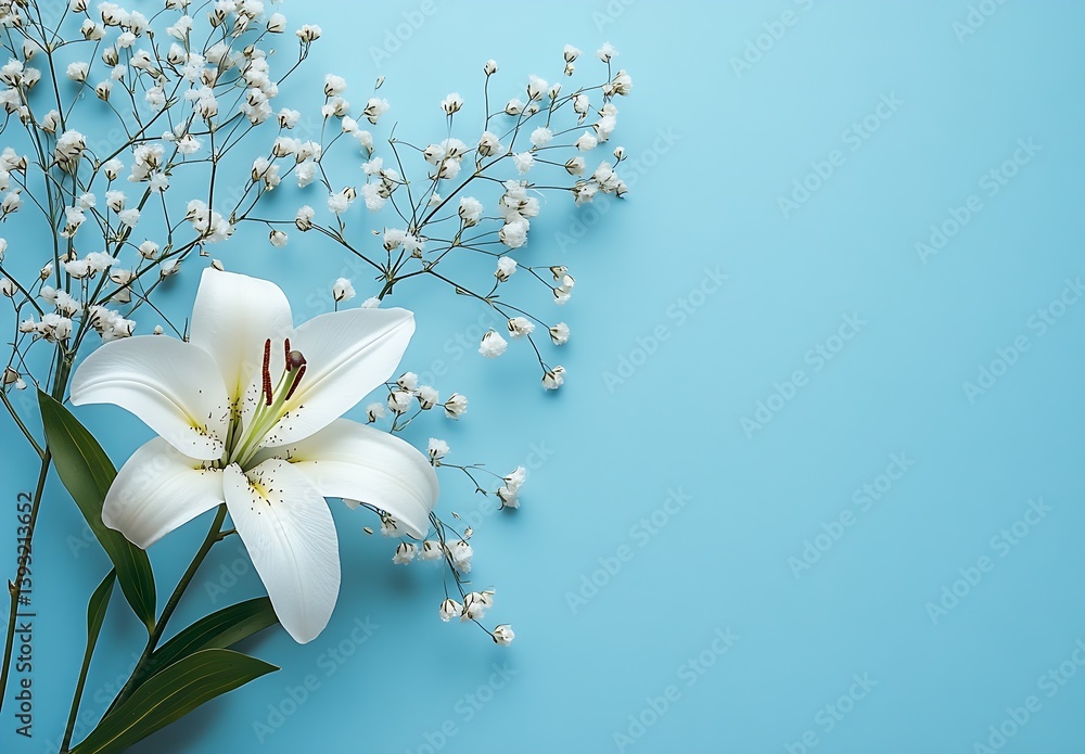 Aufkleber stylish perspective of a white lily with tiny white flowers on a calming blue background : generativ