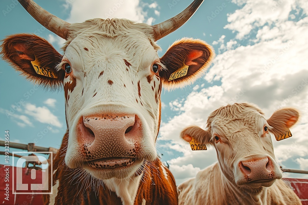 Poster cow portrait close up of two cows with horns in a field adorable farm animals with unique markings b