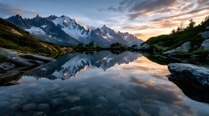 Sunset over the Alps with the snow-covered peaks glowing in warm golden tones, mirrored perfectly in the crystal-clear water of a mountain lake.