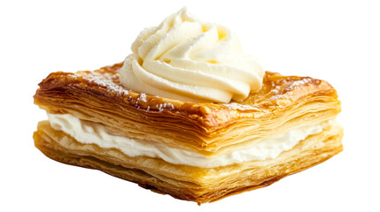 Cream Slice pastry with cream on black background, cut out transparent
