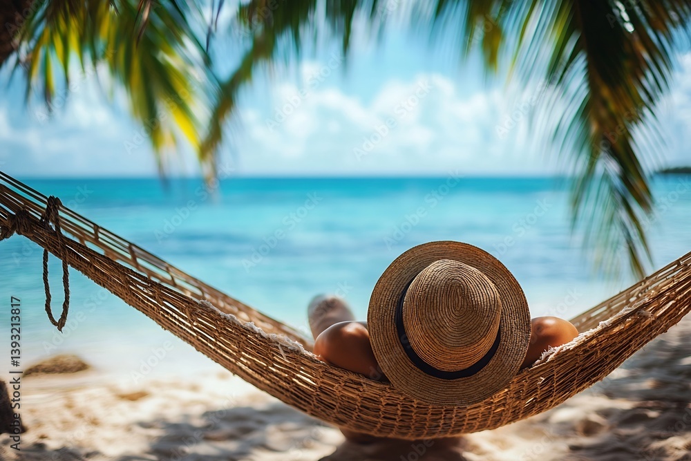 Aufkleber Relaxing Beach Getaway Person in Hammock Under Palm Tree with Ocean View : Generative AI