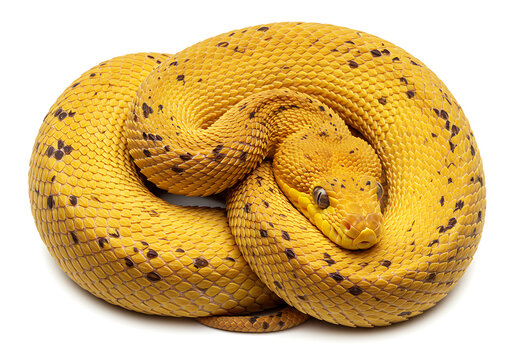 Coiled yellow snake with brown spots on isolated on white background