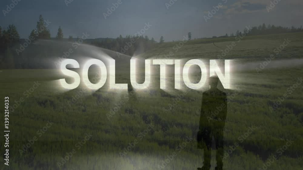 Poster standing in green field, person with glowing animation of solution text