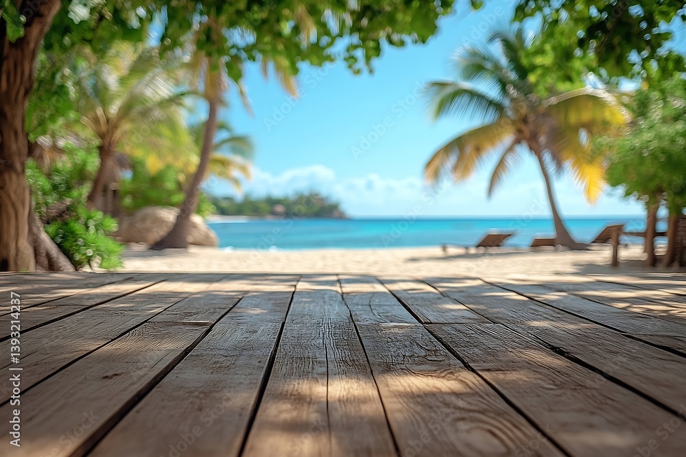 Poster tropical beach view from wooden deck with palm trees and clear blue ocean on summer day : generative