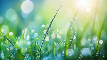 Fototapeta premium Fresh green grass with dew drops reflecting sunlight in the morning