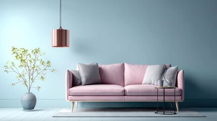 A minimalist living room with a soft pastel pink sofa and a light grey rug, paired with a delicate copper pendant light hanging from the ceiling