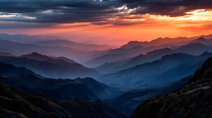 Obraz premium Sunset shadows cast long across layered mountains and sky.