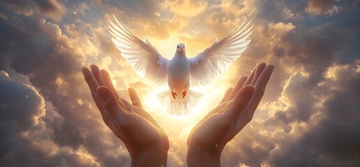 Radiant white dove taking flight from gentle hands basking in a warm heavenly glow : Generative AI