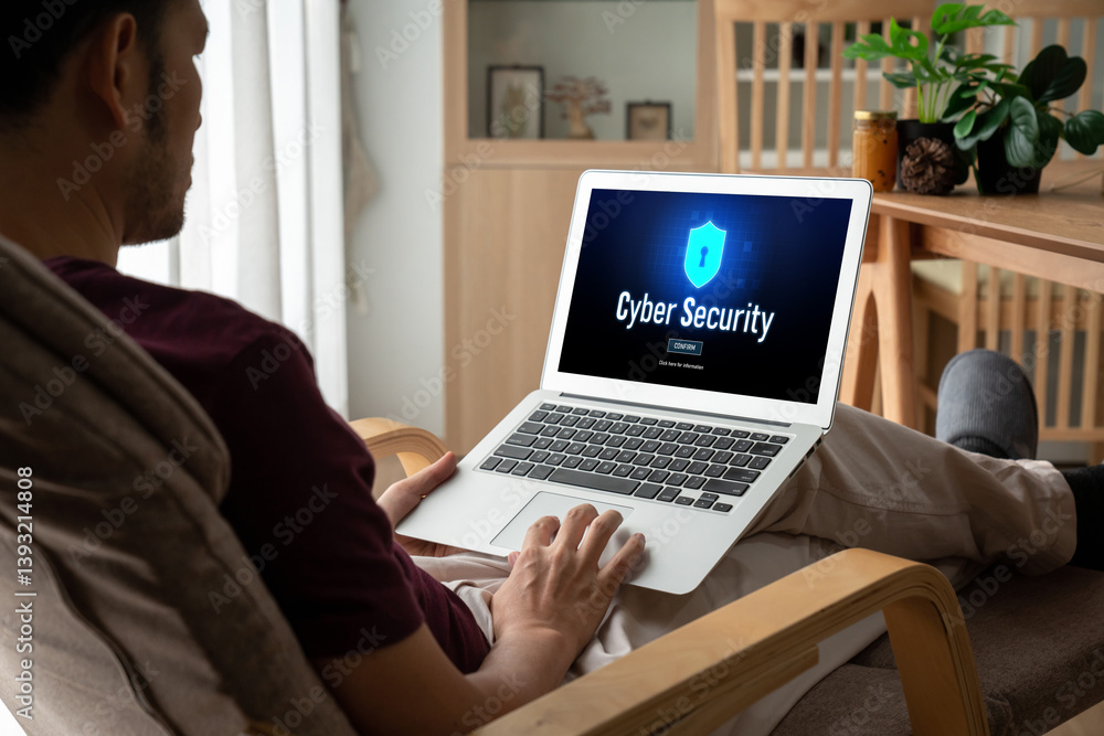 Poster cyber security system on computer screen protect private information snugly from hacker and cyber at