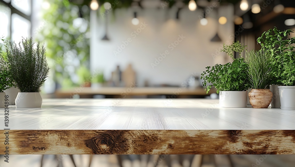 Aufkleber rustic wooden table with potted plants in blurred cafe backdrop for product photography and interior