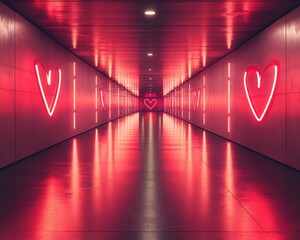 A modern tunnel illuminated with bright neon red heart symbols