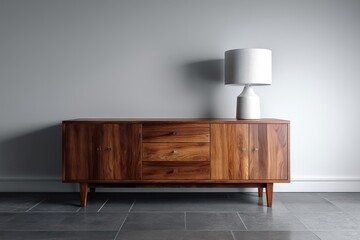 A minimalist sideboard in rich walnut, with two drawers and three doors, topped by a modern white lamp