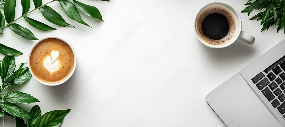 Aufkleber Overhead Flat Lay of Coffee Laptop and Greenery on a White Background Perfect for Workspace and Lifestyle : Generative AI