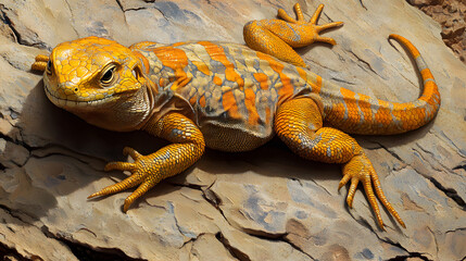 Obraz premium Colorful lizard basking in the sun, showcasing its vibrant orange and yellow scales against a rocky backdrop. Detailed skin texture and sharp claws are visible.