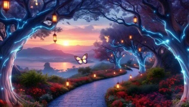 A fantasy forest path at sunset, with glowing blue vines on trees, lanterns, and vibrant flowers, a butterfly in flight, in the style of digital painting, magical place