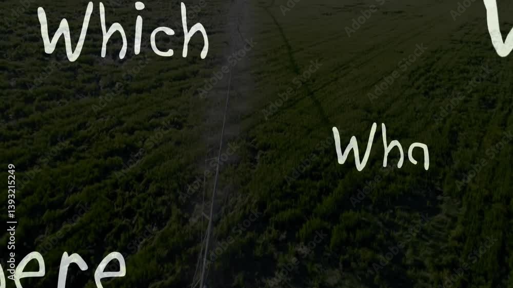 Poster animation of green field with when? and who? text overlaying landscape