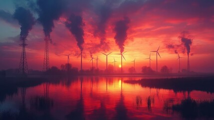 Industrial dawn, contrasting energy sources, sunrise over a misty river