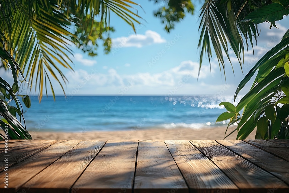 Poster tropical beach getaway with wooden deck view framed by palm leaves and azure ocean : generative ai